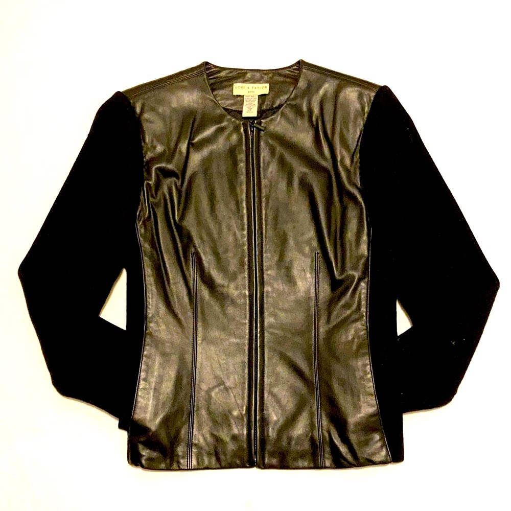 Gorgeous Lord and Taylor leather jacket! Knit sleeves with pockets.